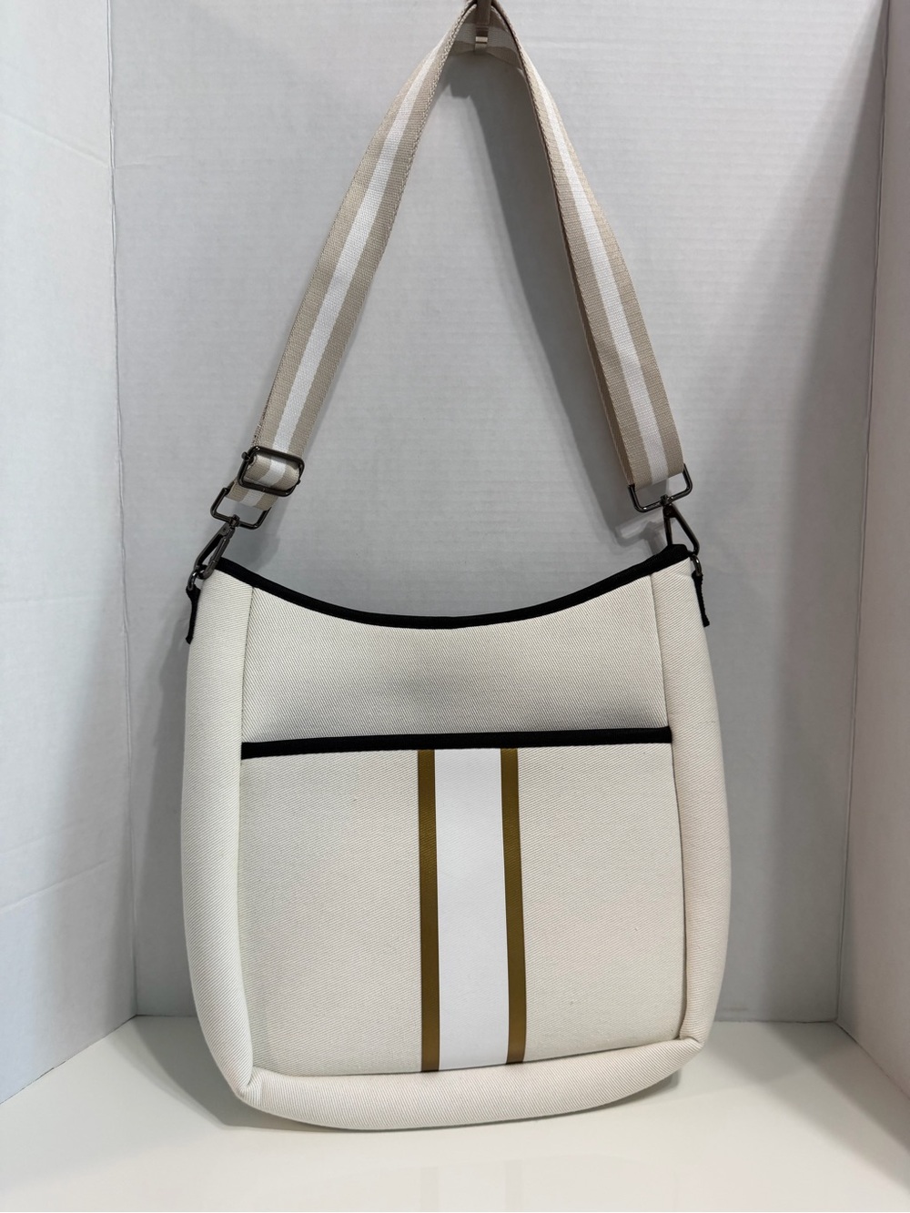 Parker & Hyde Cream Crossbody Bag with Gold Stripe Accent